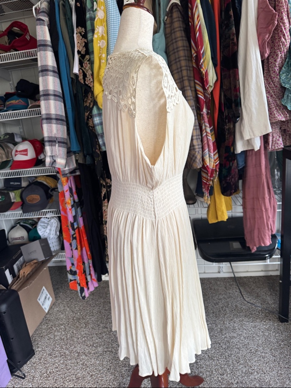 Sundance Cream Crochet Yoke Smocked Midi Dress - Picture 4 of 6